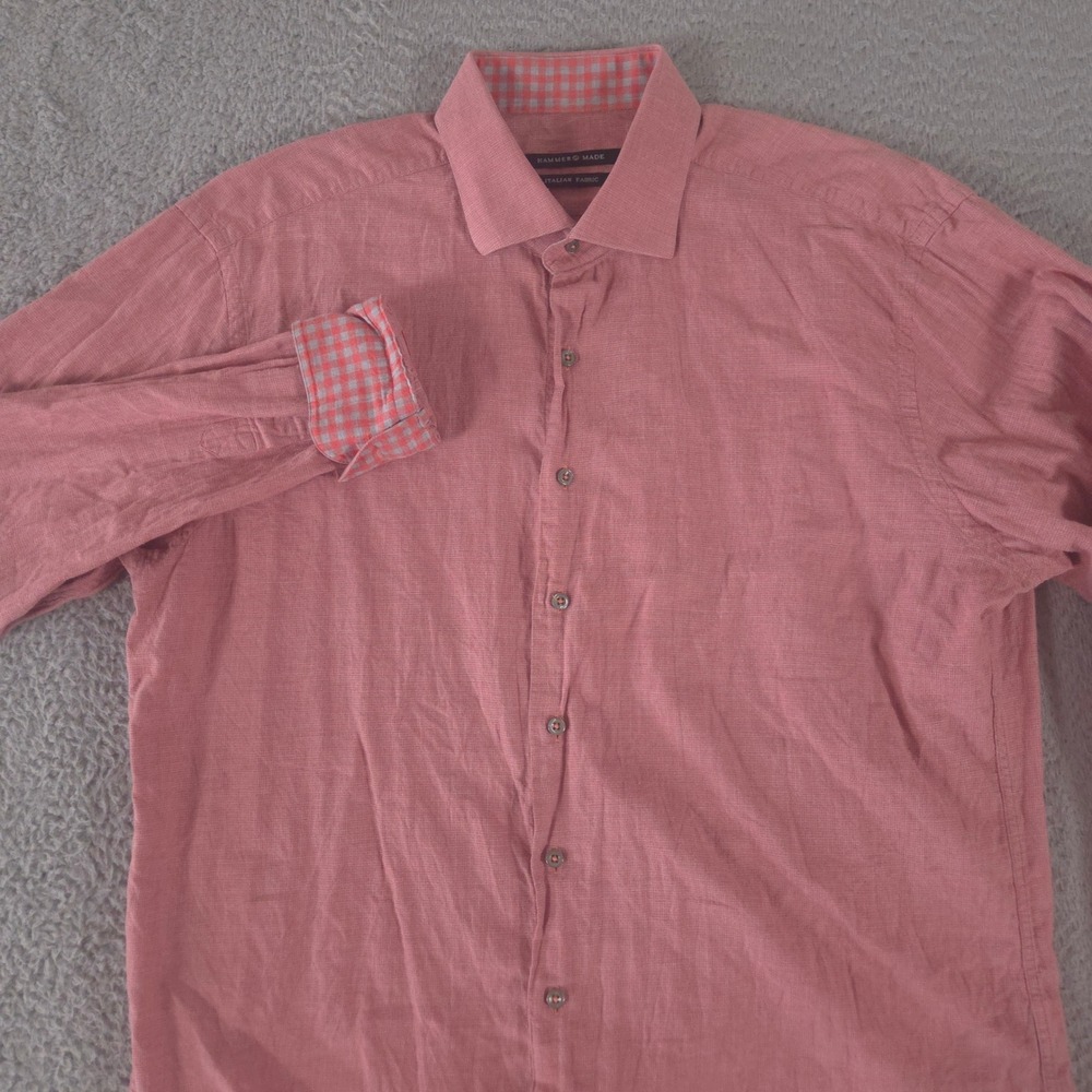 Hammer Made Shirt Mens 17 43 Pink Italian Fabric Gingham Flip Cuff Long Sleeve